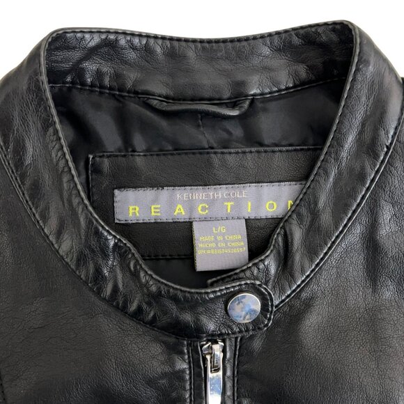 Kenneth Cole Reaction Black Faux Leather Moto Jacket Women’s Large L Slim Fit - Picture 7 of 13